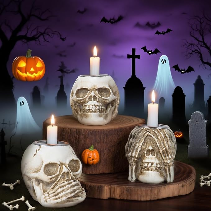 Halloween Skull Candle Holder, Skeleton Head Candlestick Holders Table Decor Centerpiece Candlesticks, Resin Horrible Spooky Creepy Crafts for Flameless Candle Halloween Christmas Home Party, Set of 3-Ruum Studio Home