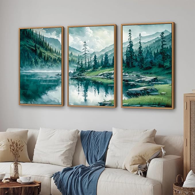 Tinonedraw Large Nature Forest Framed Canvas Wall Art Set, Boho Mountains Calming Lake Wall Decor, Green Pine Trees Artwork, Northern Wilderness Art Painting for Living Room Bedroom Office 16"x24"x3-Ruum Studio Home