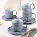 Large Cappuccino Cups with Saucers Set of 4, 8 Ounce Stackable Embossed Ceramic Coffee Mugs for Specialty Coffee Drinks, Latte, Cafe Mocha and Tea, Dishwasher & Microwave Safe (Blue)-Ruum Studio Home