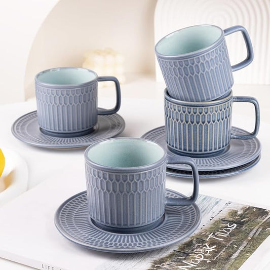Large Cappuccino Cups with Saucers Set of 4, 8 Ounce Stackable Embossed Ceramic Coffee Mugs for Specialty Coffee Drinks, Latte, Cafe Mocha and Tea, Dishwasher & Microwave Safe (Blue)-Ruum Studio Home