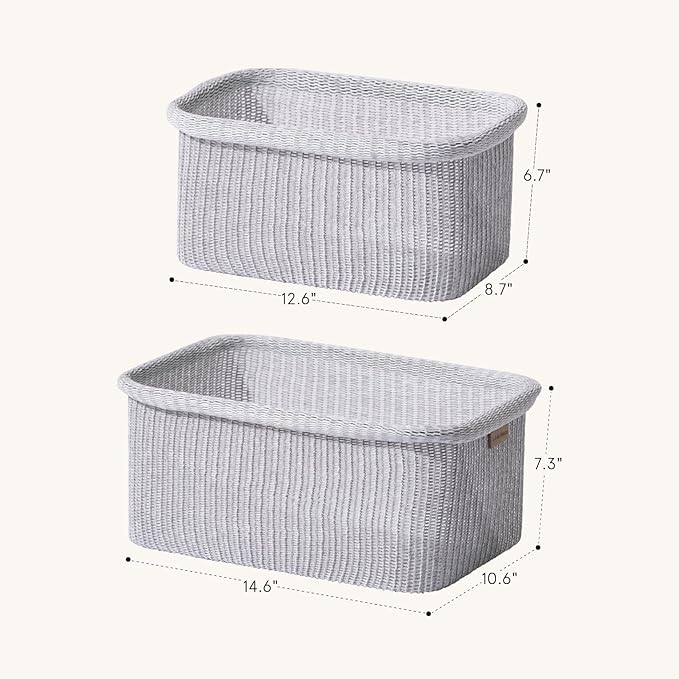 La Jolie Maison Blended Fabric Storage Baskets Set of 2, Rectangle Knitted Baskets for Organizing, Boho Decorative Baskets, Durable Finish, Grey-Ruum Studio Home