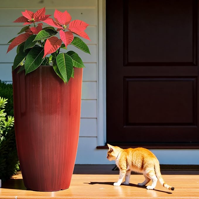Worth Garden 23.5" H. Large Plastic Planters - Set of 2 Gradient Red Glossy Smooth Finish - Tall Plant Pots for Indoor & Outdoor Use - Decorative Lightweight Flower Pots for Front Porch, Patio, Deck-Ruum Studio Home