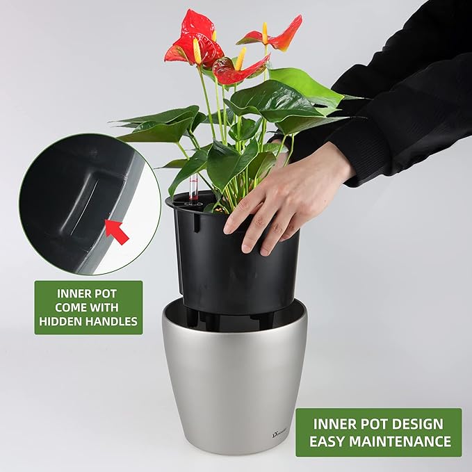 Dexceder 9x8 Inches Self Watering Planter Metallic Matte Indoor Outdoor, Inner Pot Design, Thickened Table Flower Plant Pot with Water Level Indicator (Smoky Gray)-Ruum Studio Home