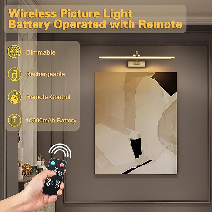 Wireless Picture Lights with Remote and Timer Rechargeable Brass Gallery Lighting Battery Operated Art Lights Over Frame Portrait 5W 24'' Inch Warm White-Ruum Studio Home