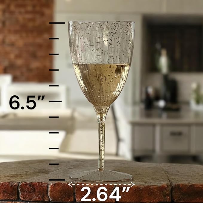 Oojami Elegant Plastic Champagne Flutes - 32 PCS, 7.8oz Disposable & Reusable Wine Glasses - Perfect for Home, Parties, Weddings, Birthdays & Celebrations (32, Gold Glitter)-Ruum Studio Home