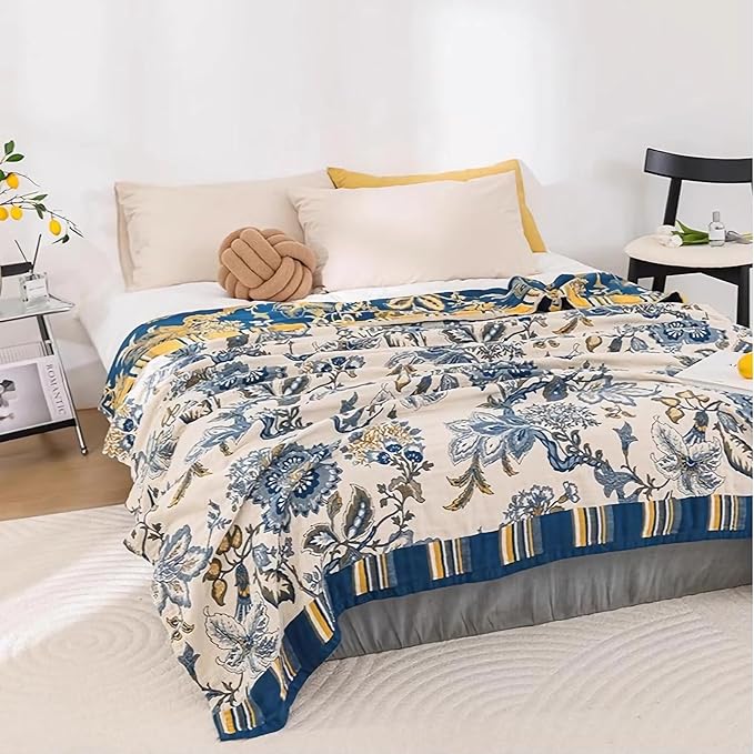 Snycler Boho Throw Blanket for Bed - 100% Cotton Ultra Soft Rustic Quilt - White Blue Floral Printed Farmhouse Decor Bed Blankets, 60"×80" All Season Rustic Throw for Sofa Couch Chair-Ruum Studio Home