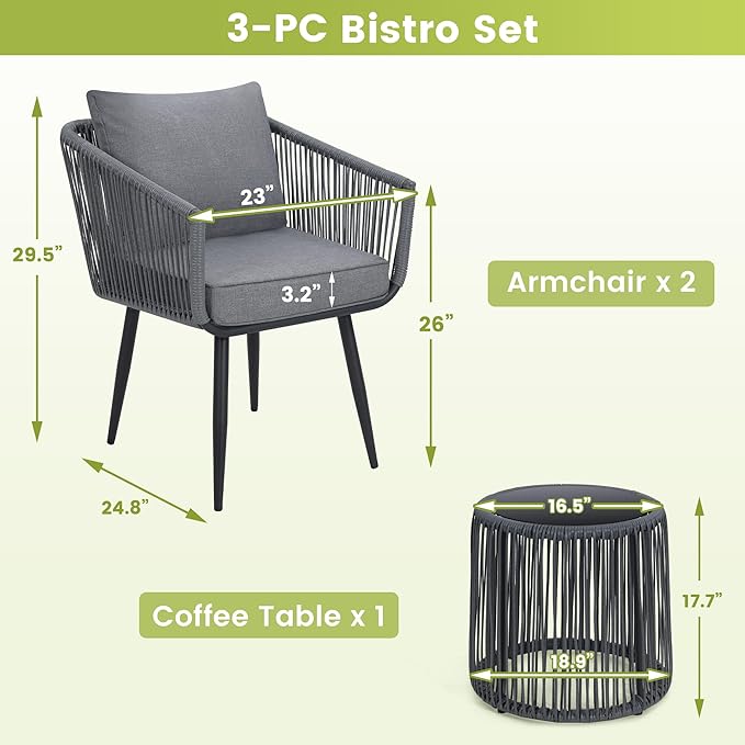 Kromax 3 Pieces Patio Rattan Bistro Conversation Set, Outdoor All-Weather Wicker Furniture Chairs and Side Table Set Ideal for Balcony, Porch and Backyard, Grey-Ruum Studio Home