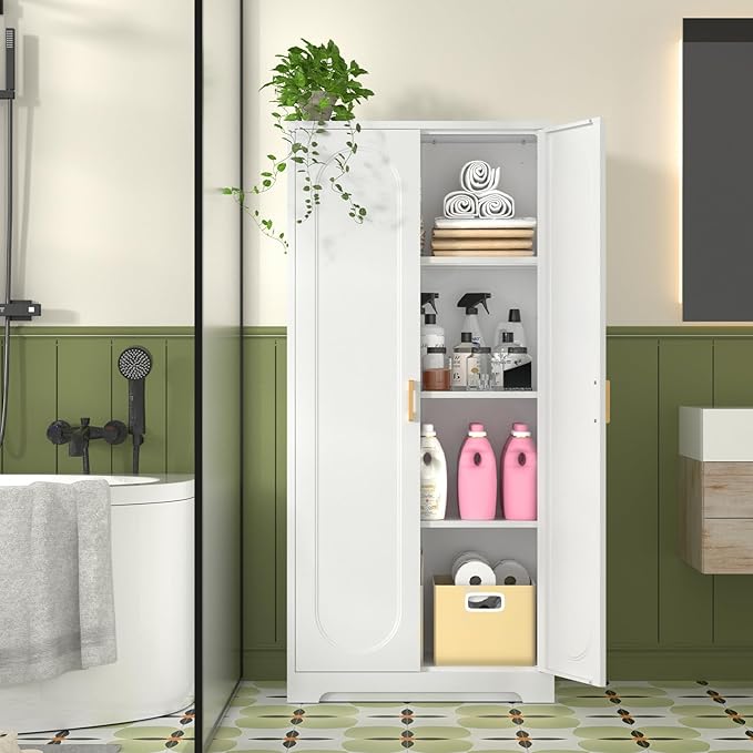 60" Tall Kitchen Pantry Cabinet, Metal Pantry Cabinet with Doors and Adjustable Shelves, White Utility Storage Cabinet with Handles for Dining Room, Bathroom, Laundry Room - Assemble Required-Ruum Studio Home