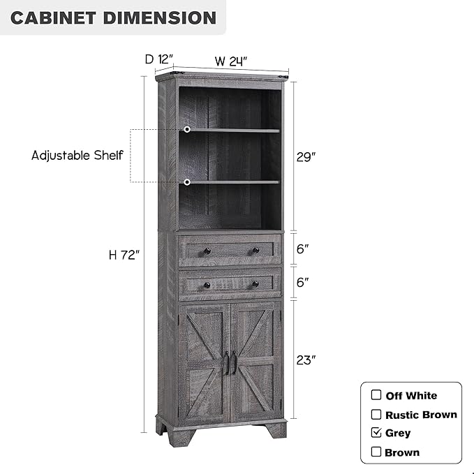 Bathroom Storage Cabinet, 72" Tall Farmhouse Storage Cabinet with 2 Drawers, Adjustable Shelves & Barn Door, Cabinet for Bathroom, Living Room, Kitchen, Grey Wash-Ruum Studio Home