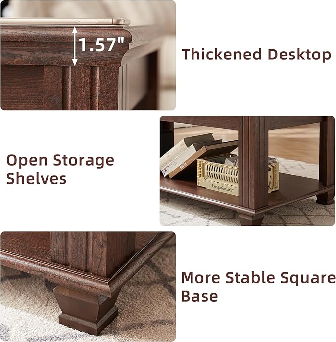 Farmhouse Coffee Tables for Living Room,Square Living Room Tables with Open Storage Shelf,Large Modern Coffee Table,Rustic Brown Center Table,Walnut-Ruum Studio Home