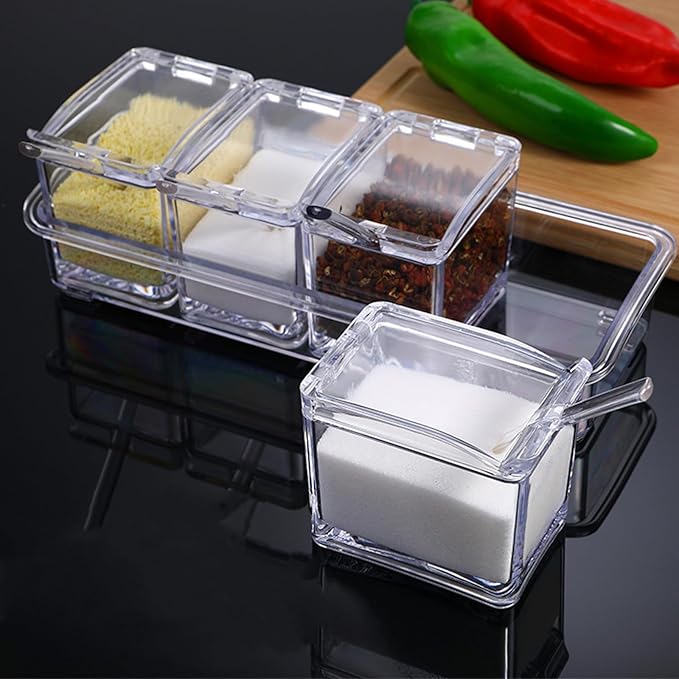 JAPCHET 3 Pack 4 Cell Clear Seasoning Box with Spoons, 10.2 × 3.54 × 3 inch Seasoning Storage Container with Cover, Clear Seasoning Rack Spice Pots for Spice, Salt, Sugar-Ruum Studio Home