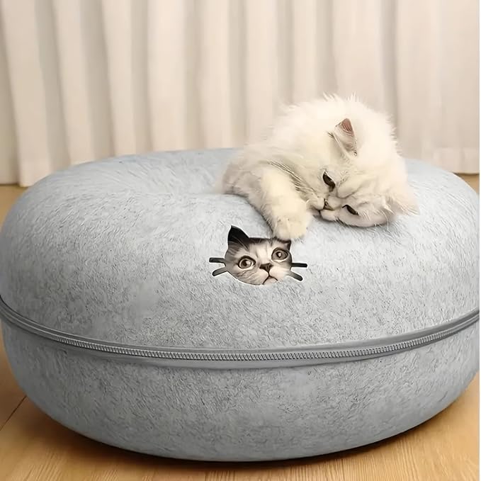 Donut Cat Tunnel Bed Peekaboo Cat Cave for Large Cats Up to 30 Lbs, Kitty Interactive Playing Tent House for Multiple Cats,Detachable,Scratch Resistant (Light Gray, Medium - 20 Inch Diameter)-Ruum Studio Home