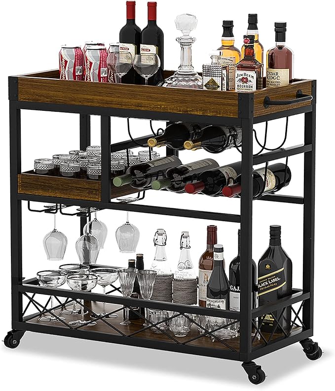 Bar Cart Industrial Kitchen Serving Carts for Home 3 Tier Storage Trolley with Wine Rack Glasses Holder Two Portable Trays Universal Casters with Brakes Rustic Rolling Cart Alcoholic Beverage-Ruum Studio Home