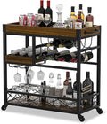 Bar Cart Industrial Kitchen Serving Carts for Home 3 Tier Storage Trolley with Wine Rack Glasses Holder Two Portable Trays Universal Casters with Brakes Rustic Rolling Cart Alcoholic Beverage-Ruum Studio Home