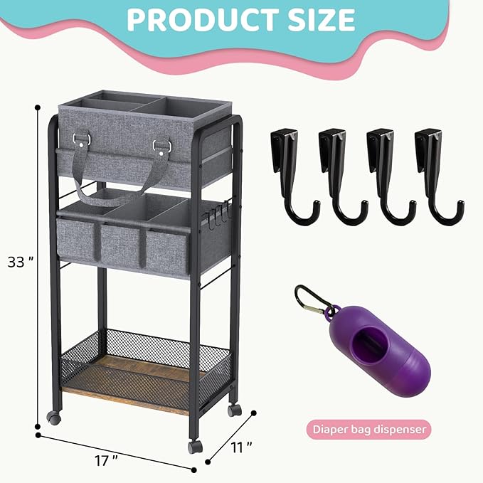 2IN1 Baby Diaper Caddy Organizer-3 Tier Rolling Storage Cart with Dividers - Bedside Diaper Caddy Cart for Baby Nursery Newborn Essentials-Mobile Utility Carts with Wheels for Changing Table-Ruum Studio Home