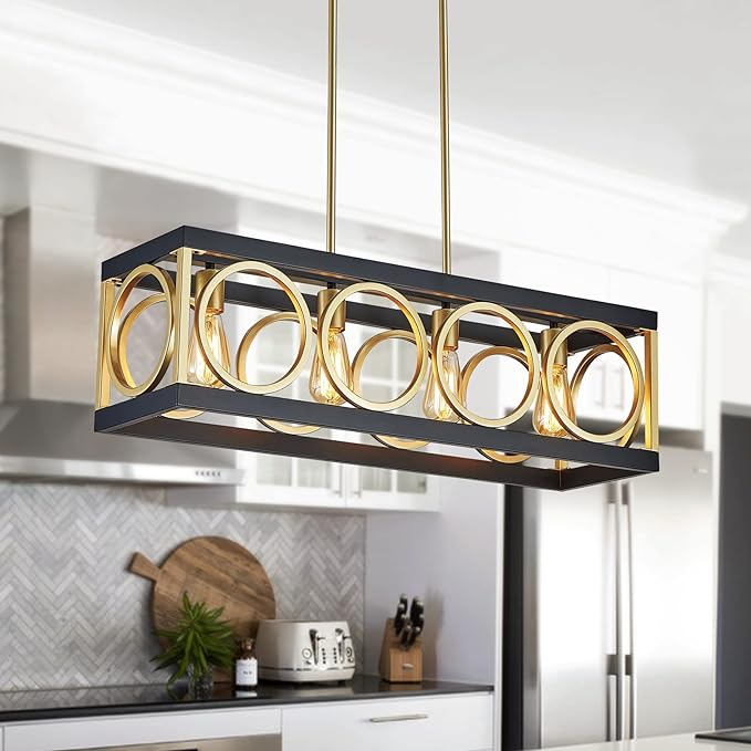 XINGQI Modern Rectangle Chandelier, Farmhouse Kitchen Island Lighting Rustic Industrial Hanging Light Fixture 4-Light Metal Linear Pendant for Dining Room Living Room Hallway, Black and Gold-Ruum Studio Home