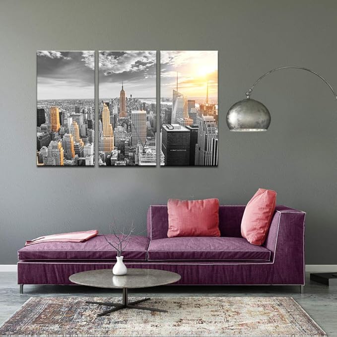 LevvArts Large 3 Piece New York City Canvas Wall Art Modern Black and White NYC at Gold Sunset Picture Prints Cityscape Skyline Poster Framed for Home Office Living Room Decor-Ruum Studio Home