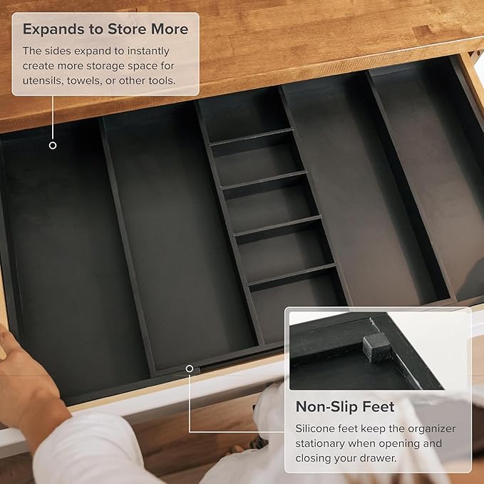 Adjustable Kitchen Drawer Organizer for Utensils and Junk, Food-Safe Contract Grade with 100% Sustainable Wood, Expandable from 19 to 33 Inches Wide - Black Bamboo-Ruum Studio Home