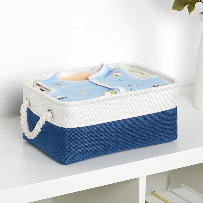 Bidtakay Small Storage Baskets for Shelves 3 Pack Fabric Storage Bins for Organizing Linen Collapsible Organizer for Closet-White&Blue-Ruum Studio Home