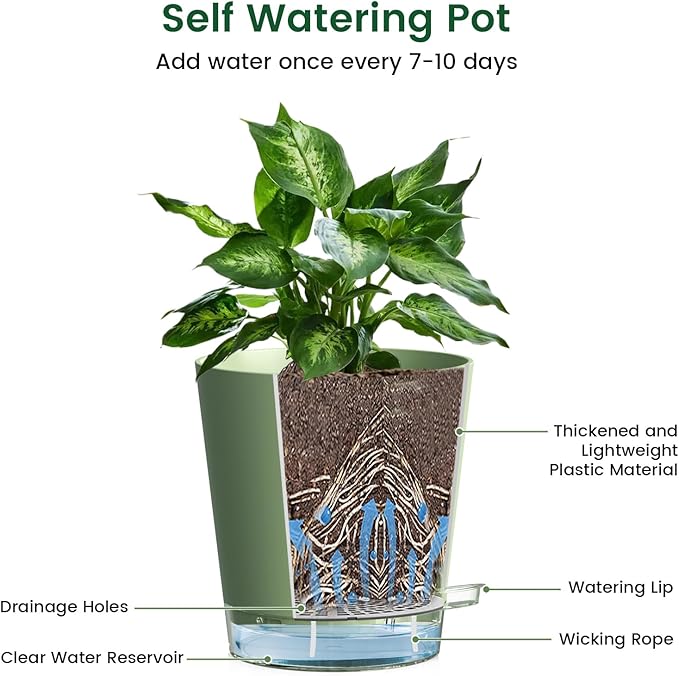 4 inch Self Watering Pots for Indoor Plants, 5 Pack Small Flower Plant Pots with Drainage Holes and Clear Reservoirs, Visible Water Level, Plastic Planters with Wicking Rope, Green-Ruum Studio Home