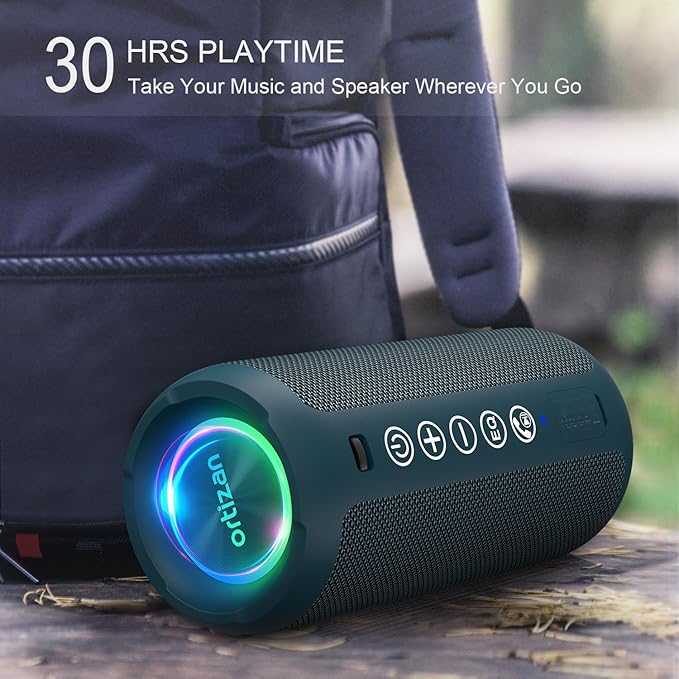 Ortizan Portable Bluetooth Speaker: IPX7 Waterproof, 24W Loud Sound, Deep Bass, Bluetooth 5.3, LED Lights, Wireless Stereo Pairing, 30H Playtime, for Home/Outdoor/Party/Beach, Birthday Gift (Blue)-Ruum Studio Home