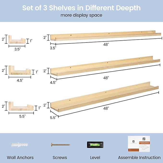 Picture Ledge Shelf for Wall, 48 inches Solid Pine Wood Nursery Book Shelves 3 Packs, Floating Ledge Shelves for Kids' Room Bedroom Bathroom Long Floating Shelves for Wall Nursey Wall Decor, Natural-Ruum Studio Home