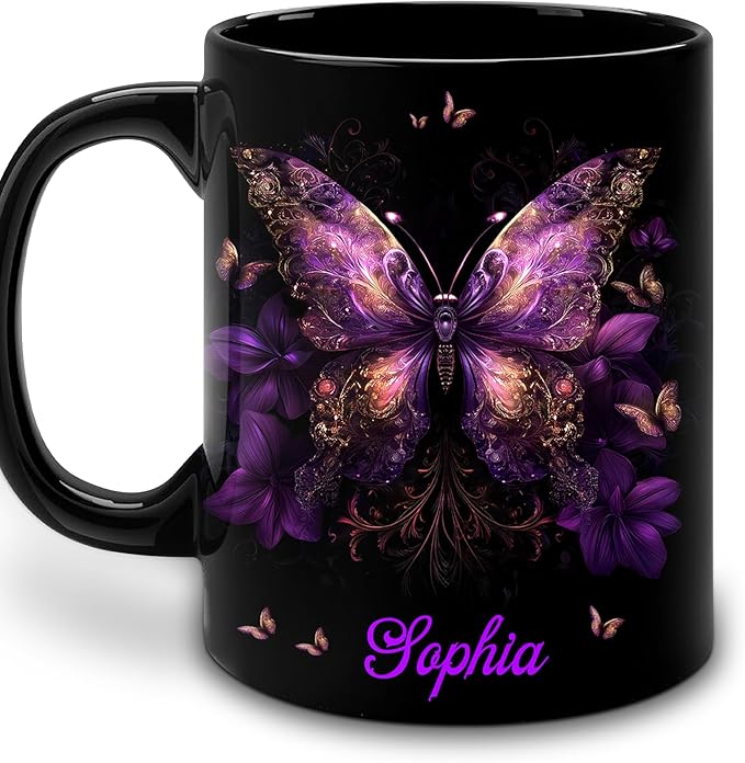 Hyturtle Personalized Purple Butterfly Mug - Butterfly Gifts For Women Lovers - Animal Gift For Bird Lover Her - Bird Gifts For Mom on Mother Day - Custom Name Coffee Cup Ceramic Mug 11 Oz 15 Oz-Ruum Studio Home