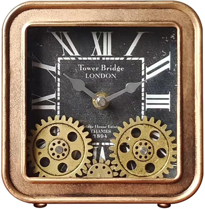 Desk Clock Vintage Metal Table Clocks with Moving Gears, Silent Retro Industrial Steampunk Quartz Small 6 inch End Table Clock for Home Office Living Room Decor Battery Operated (Gold)-Ruum Studio Home