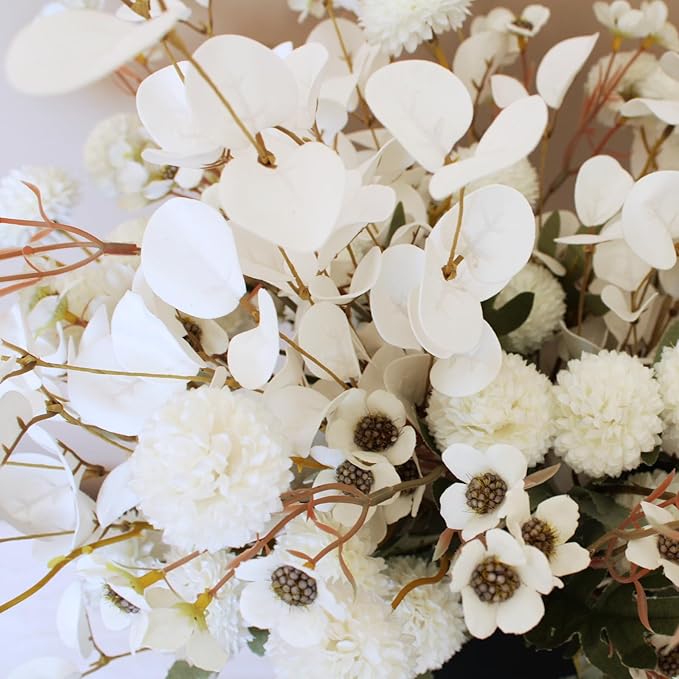 White Artificial Flowers Bulk for Vase That Look Real, White Flower Centerpiece for Table, Silk Floral for Home Decor Indoor, Faux Kiku + Eucalyptus Stems + Wildflowers, Flores Blancas Artificiales-Ruum Studio Home