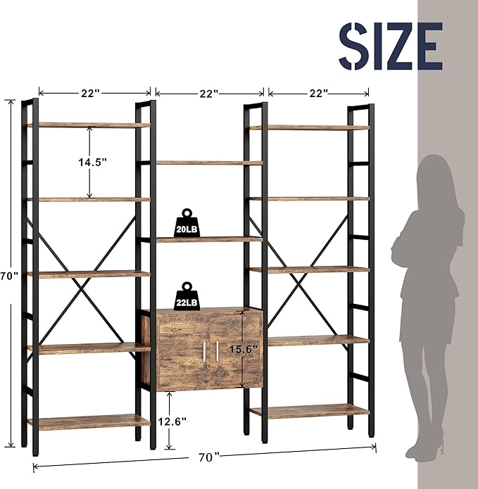 70 x70" Triple 5 Tier Book Shelf, Industrial Large Bookcase with Storage Cabinet, Tall Bookshelf with 14 Open Display Shelves Metal Frame Furniture for Living Room Bedroom Home Office Rustic Brown-Ruum Studio Home