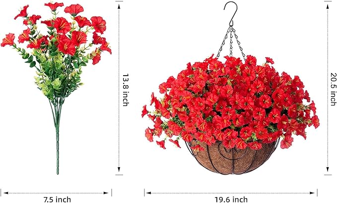 Ivydale Artificial Faux Hanging Flowers Plants Baskets for Outdoors Outside Spring Decoration, Fake Silk Red Morning Glory UV Resistant Look Real for Front Door Porch Patio Balcony Yard Garden Home-Ruum Studio Home