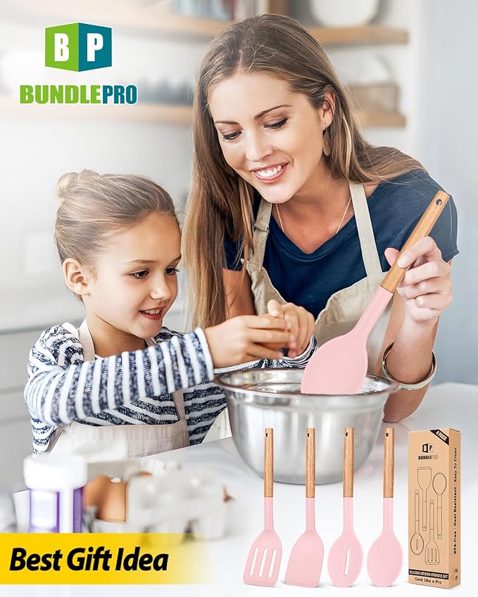Pack of 4 Silicone Cooking Utensils Set, Non Stick Solid Spatulas and Heat Resistant Slotted Spoons with Wooden Handle, Ideal Wood Kitchen Utensils Set for Frying,Serving,Turning,Stirring (PINK)-Ruum Studio Home