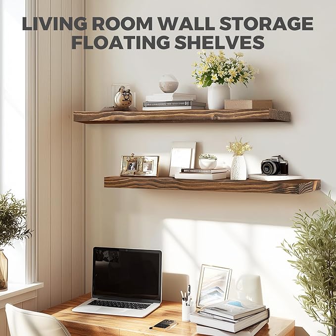 36"x6.8"x1.2" Solid Wood Floating Shelves 2-Pack - Rustic Brown Finish with Hidden Brackets, Perfect for Storage and Décor in Living Room, Kitchen, Bedroom-Ruum Studio Home