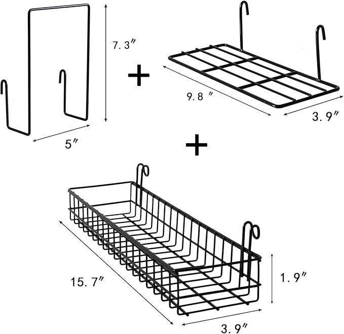 FRIADE Wall Grid Panel Hanging Basket with Hooks,Bookshelf,Display Shelf,Wall Organizer and Metal Shelving for Home Supplies,1 Set of 3 (Black)-Ruum Studio Home