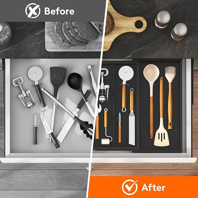 Lifewit Utensil Drawer Organizer, Expendable Cooking Silverware Tray for Kitchen Drawer, Bamboo Adjustable Cutlery Flatware Holder, Spatula Tools and Gadgets Storage Divider, 3 Compartments, Black-Ruum Studio Home