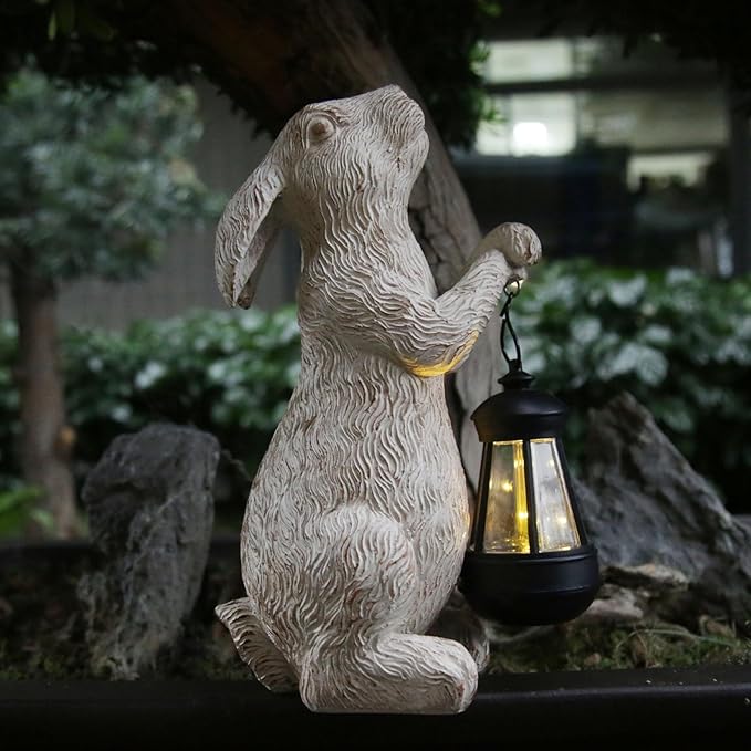 Garden Statues Rabbit with Solar Lights-Bunny Figurine Halloween Decorations Outdoor Rabbit Decor for Lawn,Balcony-Yard Art Garden&Patio Decor,Unique Housewarming&Birthday Gifts for Women Mom-Ruum Studio Home