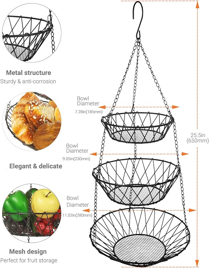 3 Tier Hanging Basket with Sturdy Metal Chain Hanging Hooks Fruit and Vegetable Basket Heavy Duty Wire Organizer Space Saving Rustic Country Style Kitchen Storage-Ruum Studio Home