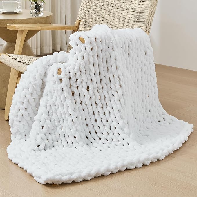Bigacogo Chunky Knit Throw Blanket for Couch, 40x40 inches, 100% Hand Knitted with Thick Jumbo Chenille Yarn, Cozy Soft Large Rope Knot Cable Crochet Blankets for Sofa Bed Living Room, White-Ruum Studio Home