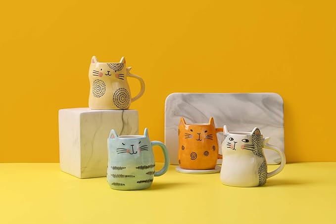 Bico Cartoon Cat Coffee Mugs Set of 4, Cute Ceramic Mugs with Unique Cats Faces, Stoneware Coffee Tea Mug Gifts for Cat Lovers, Women and Men, Microwave and Dishwasher Safe (10 oz)-Ruum Studio Home