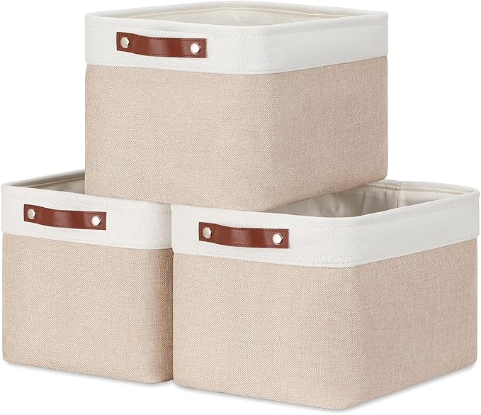 DULLEMELO Fabric Storage Bins, Storage Baskets for Organizing, Collapsible Rectangular Fabric Baskets for Shelves, Empty Gift Baskets (3-Pack Medium-15 inch X 11 inch X 9.5 inch , White&Khaki)-Ruum Studio Home