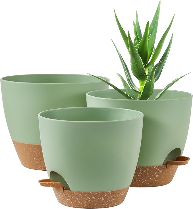 FaithLand 3-Pack Planter Pots, 10 9 8 Inch Self Watering Flower Pots for Indoor Outdoor Garden Plants, Green with Brown-Ruum Studio Home