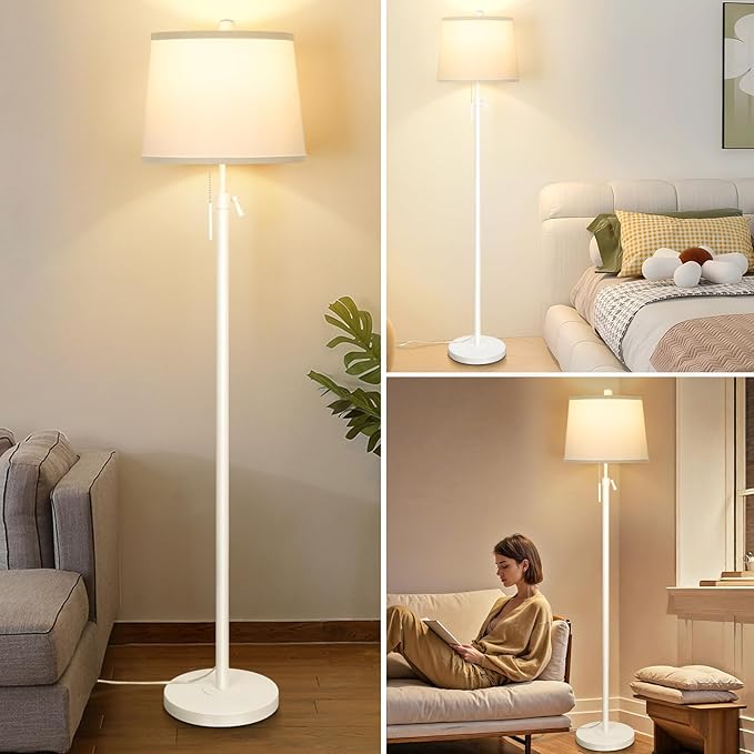 White Floor Lamp for Living Room 55-65" Adjustable Height Modern Standing Lamp with Pull Chain Tall Pole Light with White Shade for Bedroom Reading Office Corner Nursery 9W LED Bulb Included 3 Color-Ruum Studio Home