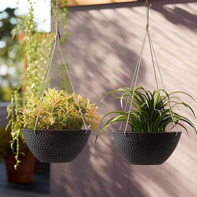 LA JOLIE MUSE Hanging Planters for Outdoor Plants, Large Hanging Planter with Drain Holes, Outdoor Hanging Flower Pots, Matte Black, Honeycomb (13.2 Inch, Set of 2)-Ruum Studio Home