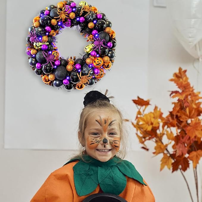17 Inch Halloween Ball Wreath for Front Door with Lights, Lighted Cute Treat-or-Trick Door Wreath Ball Ornament for Halloween Indoor Decorations Centerpiece Party Holiday Wall Home Decor-Ruum Studio Home
