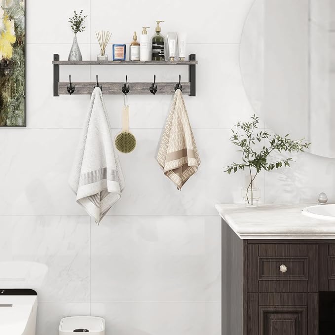 Homode Wall Hooks With Shelf, 24 Inch Coat Rack Wall Mount for Entryway, Clothes, Backpack, Key, Purse - Floating Shelf Hanging in Bathroom, Bedroom, Hallway, Rustic Grey-Ruum Studio Home