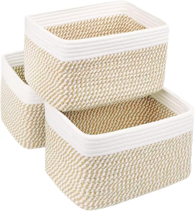 Small Cotton Rope Storage Basket Set of 3-11"x7"x7" Perfect Woven Baskets for Storage, Ideal Storage Baskets for Organizing Toys, Towels, and More - Baskets for Shelves（White & Mixed Camel）-Ruum Studio Home
