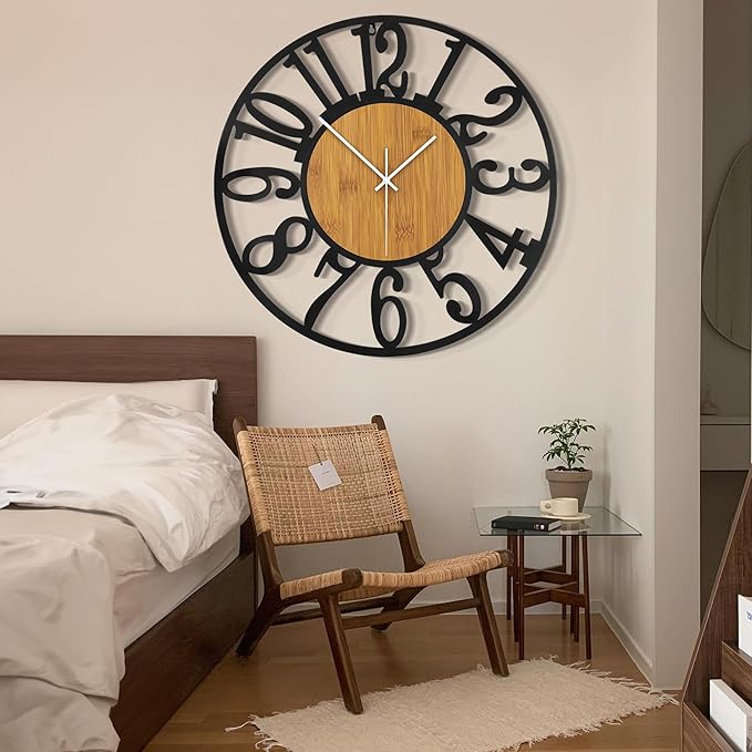 LEIKE 32" Oversized Large Wall Clocks,Silent,Non Ticking,Battery Operated Modern Round Big Wood Decorative Metal Wall Clock for Living Room, Bedroom,Kitchen,Farmhouse,Office Decor - Black,32 Inch-Ruum Studio Home
