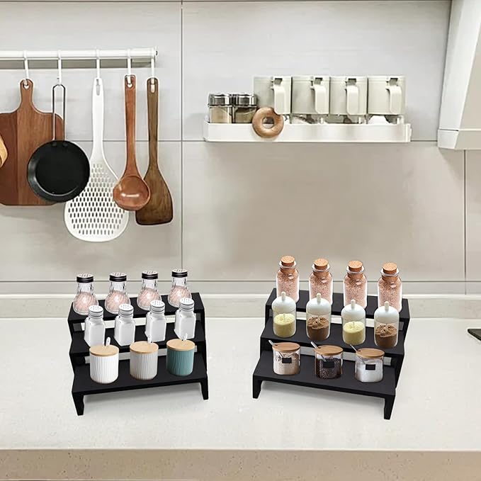 Display Wood Risers Wooden Stand 3 Tier Black Wood Racks Decorative Rectangular, 2 Set 6 Piece Cupcake Stands Cologne Perfume Organizer Dessert Showcase(Black)-Ruum Studio Home