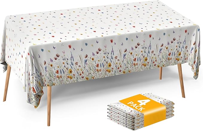 Floral Tablecloth 4 Packs 54x108 Inch - Butterfly Spring Wildflower Plastic Table Cover for Wedding Decorations Easter, Baby in Bloom Showers & Mother's Day Tea Parties Disposable Rectangle Tablecloth-Ruum Studio Home