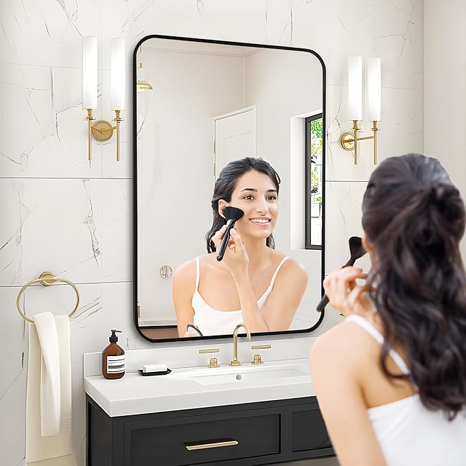 Fabuday Black Bathroom Mirror for Over Sink - 20x28 Rounded Rectangle Wall Mirror, Matte Metal Framed Vanity Rectangular Mirrors for Bedroom, Living Room, Entryway Decor, Horizontally/Vertically-Ruum Studio Home
